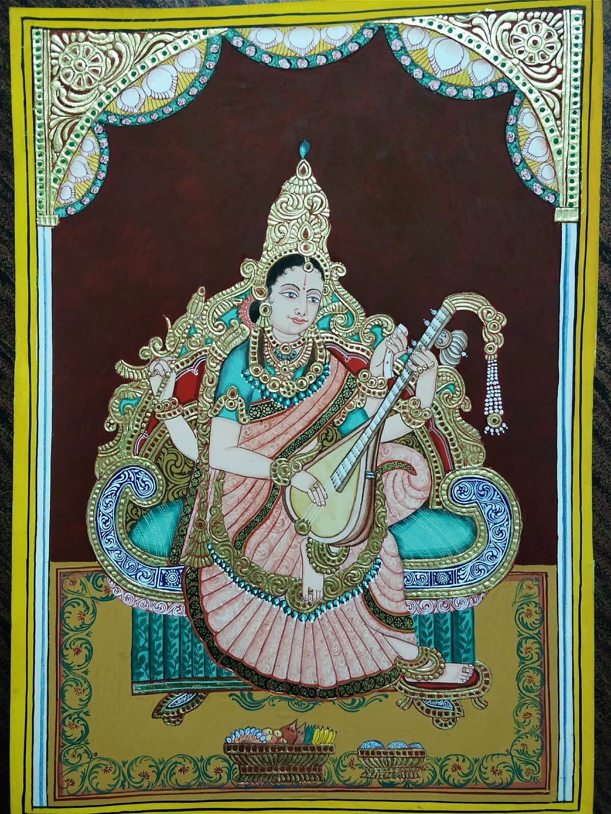 Mysore Saraswati painting in soft vegetable colours with fine gold highlights
